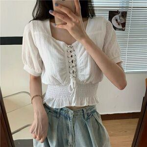 Lace-Up Women's Top square neckline crop top short sleeve shirt